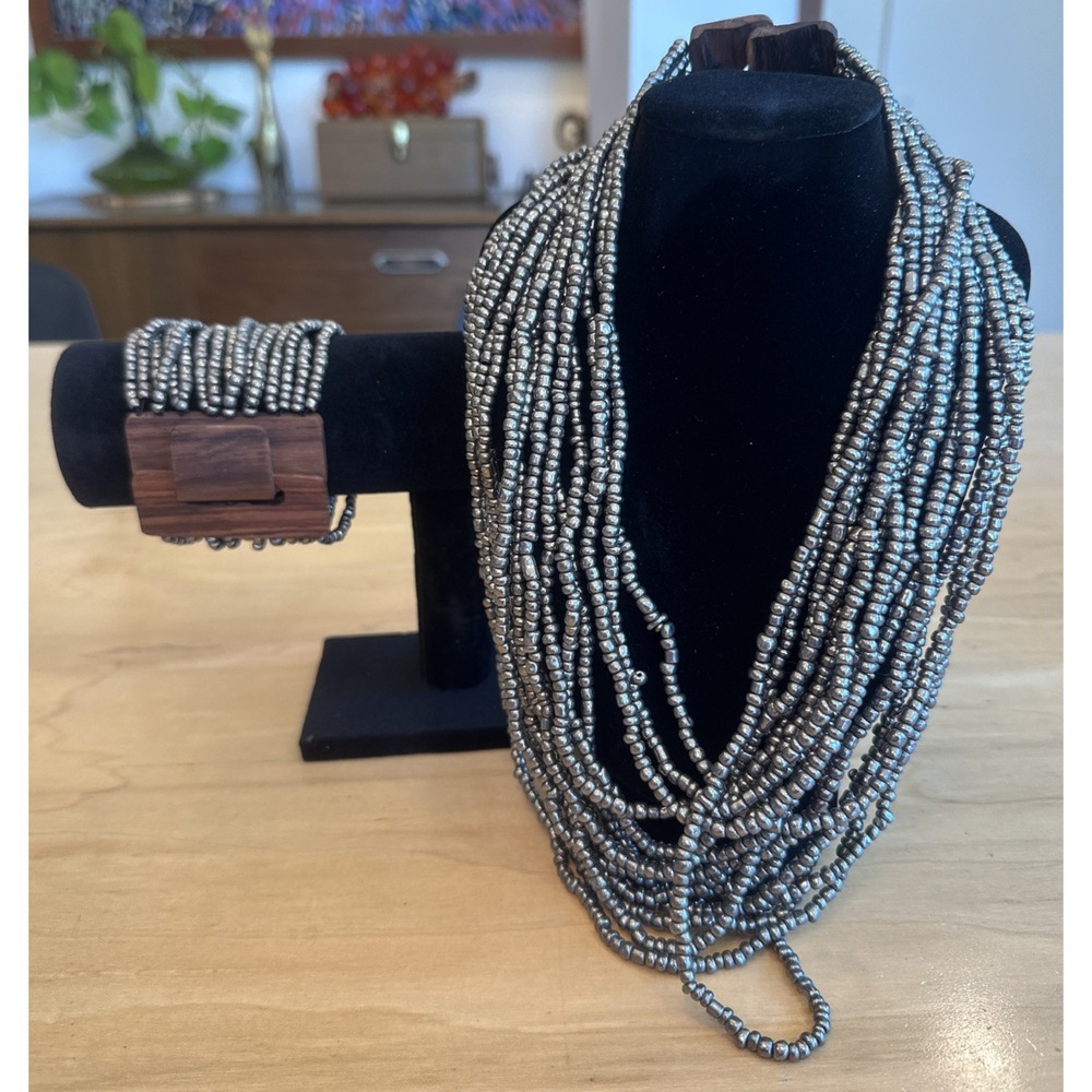 VTG Silver Multi Strand Wood Buckle Waterfall BOHO Seed Bead Necklace Bracelet